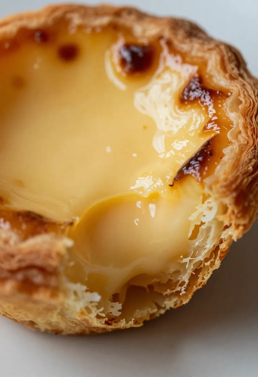 Close-up of pastéis de nata showing flaky pastry and creamy custard texture
