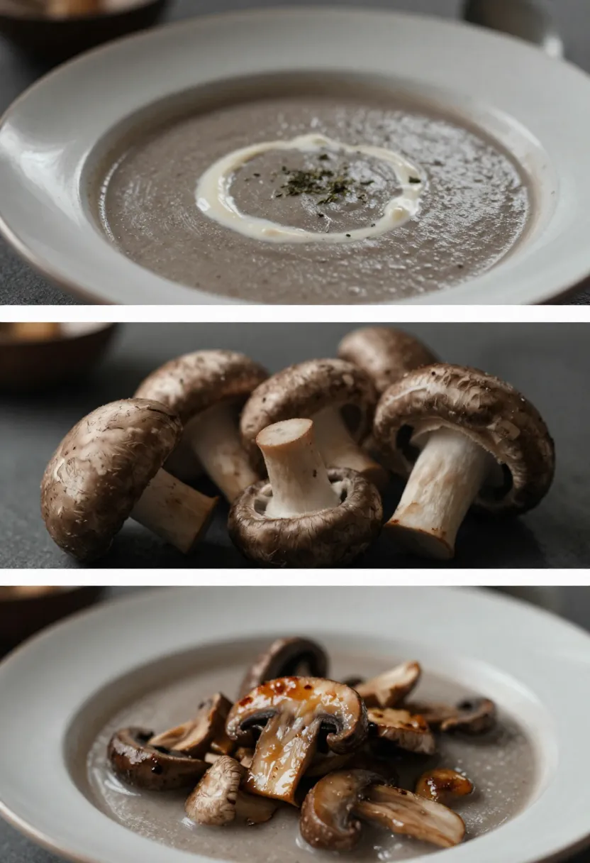 Mushroom cream soup with fresh and sautéed mushrooms in a soft collage.