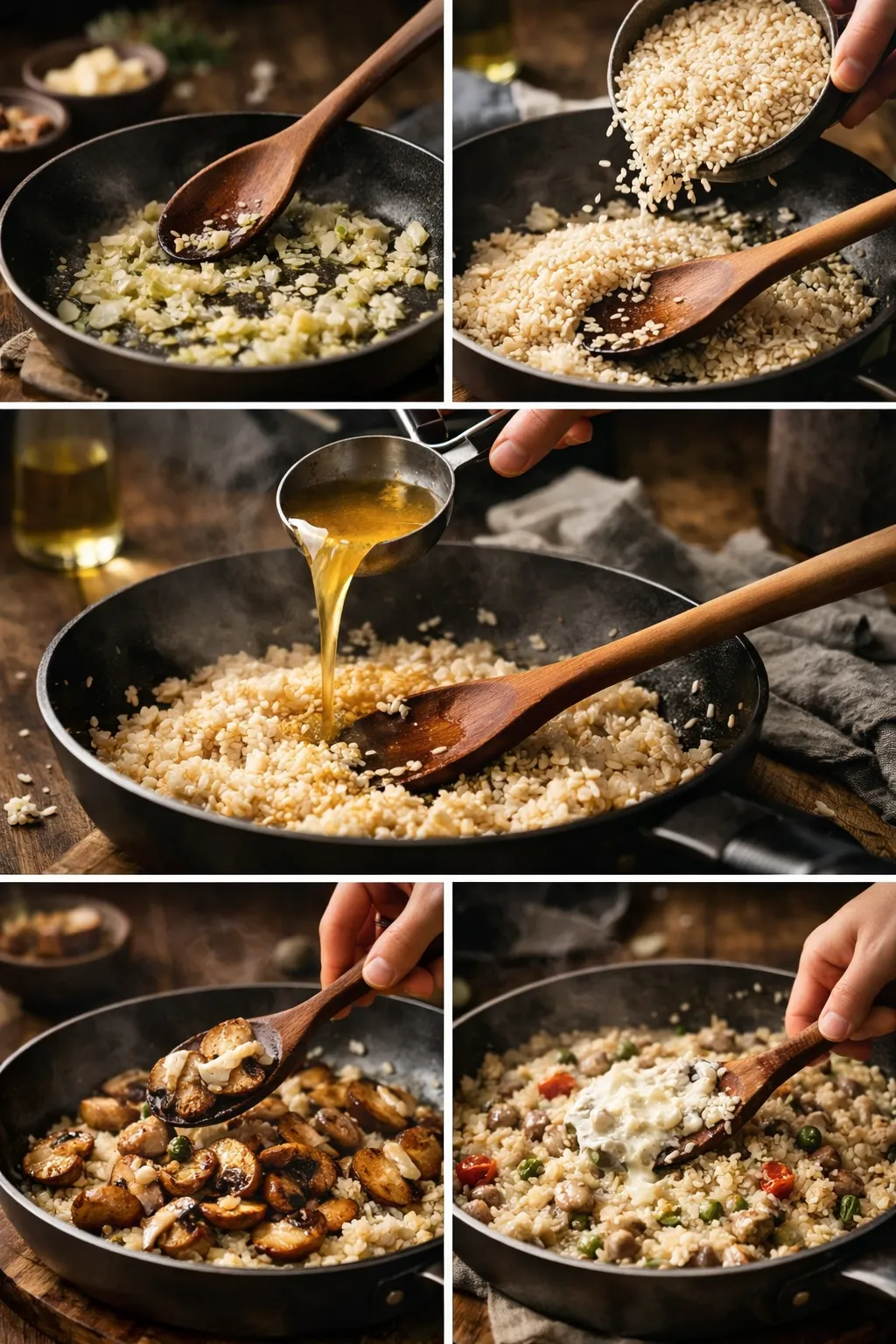 Step-by-step mushroom risotto cooking process collage