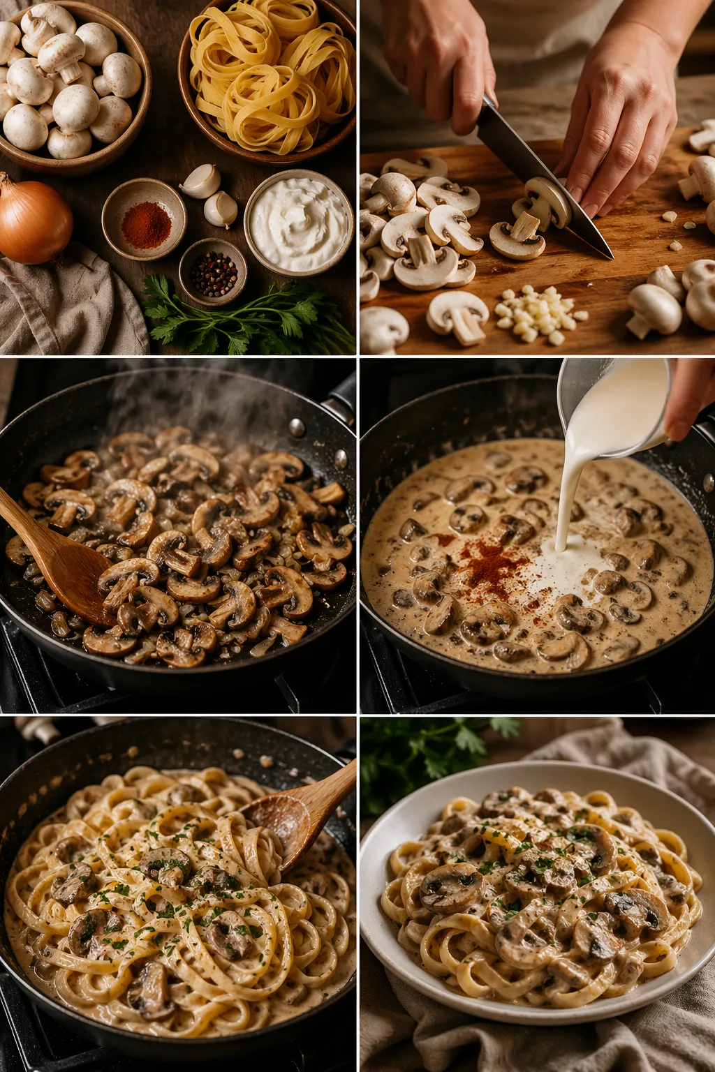 Collage of mushroom stroganoff cooking process from ingredients to final dish