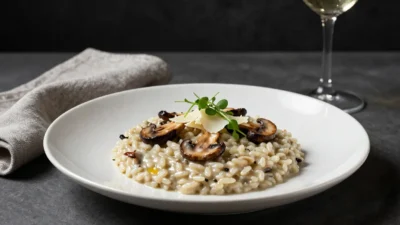 Elegant mushroom risotto in fine dining presentation