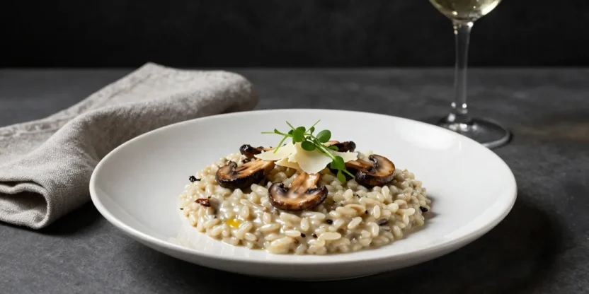 Elegant mushroom risotto in fine dining presentation