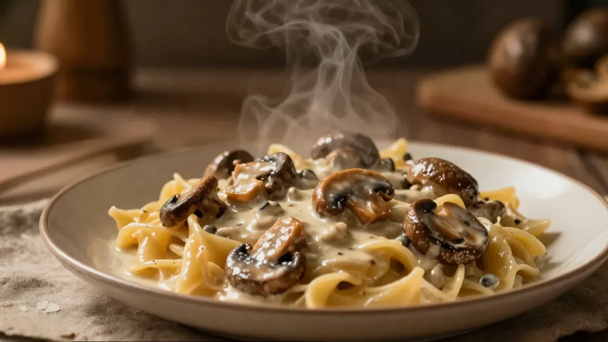 Creamy mushroom stroganoff with pasta in a warm cozy setting
