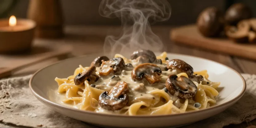Creamy mushroom stroganoff with pasta in a warm cozy setting