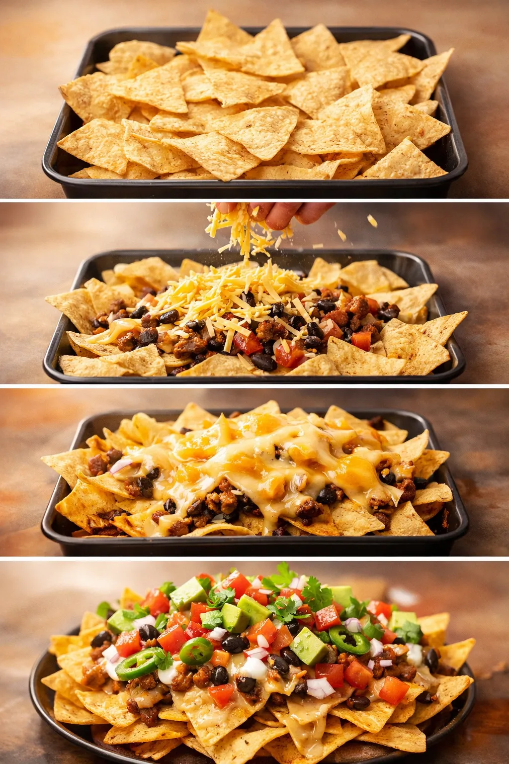 Tray of plain tortilla chips in a baking pan, ready for toppings, light brown background judge.
