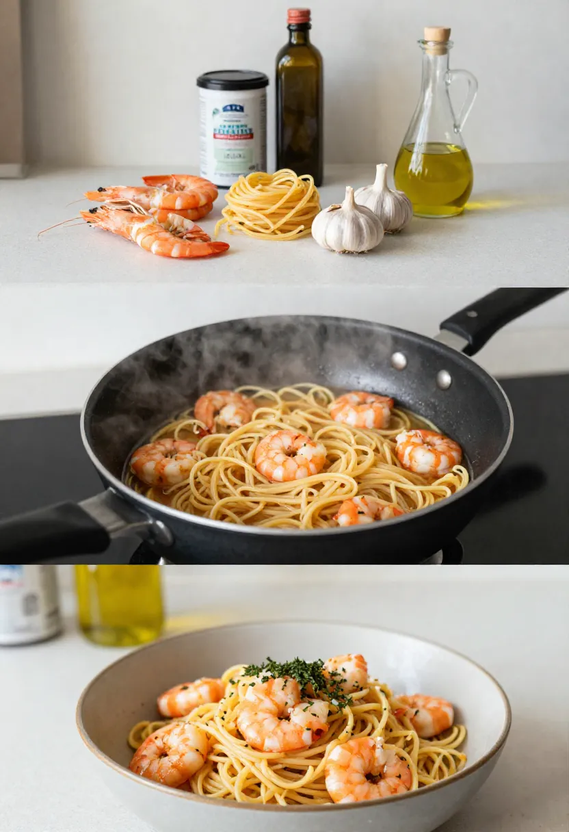 One-pan shrimp pasta ingredients, cooking, and finished dish