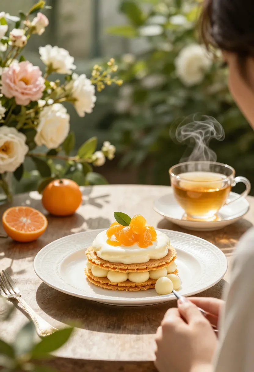 Person enjoying pikelets with tea on a sunny veranda surrounded by flowers