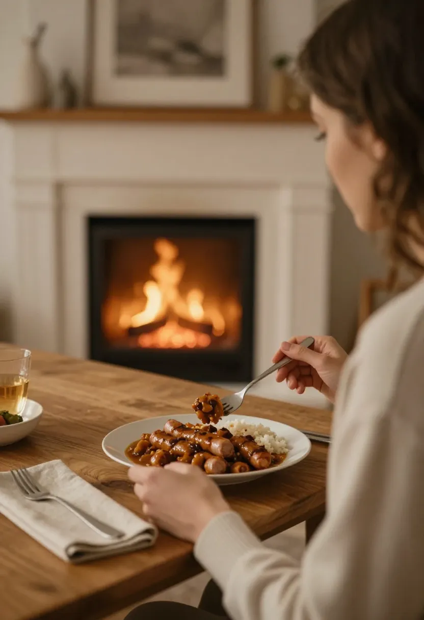 Person enjoying curried sausages near a cozy fireplace at home