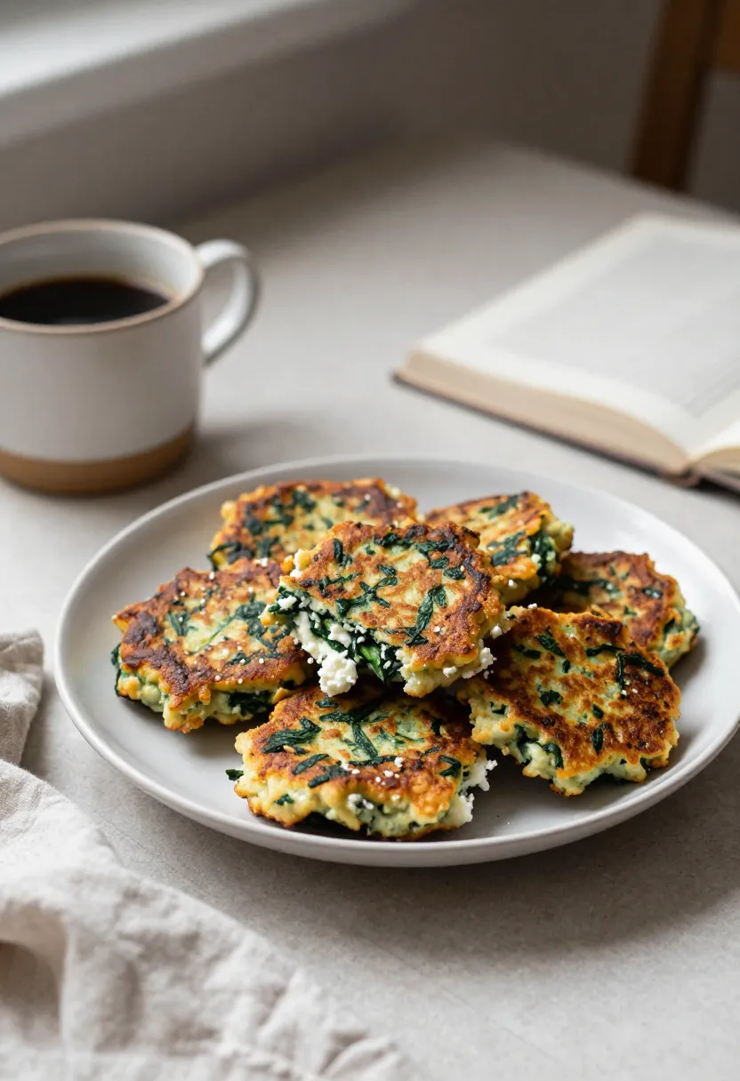 Spinach and feta fritters served in a cozy everyday setting with soft natural light