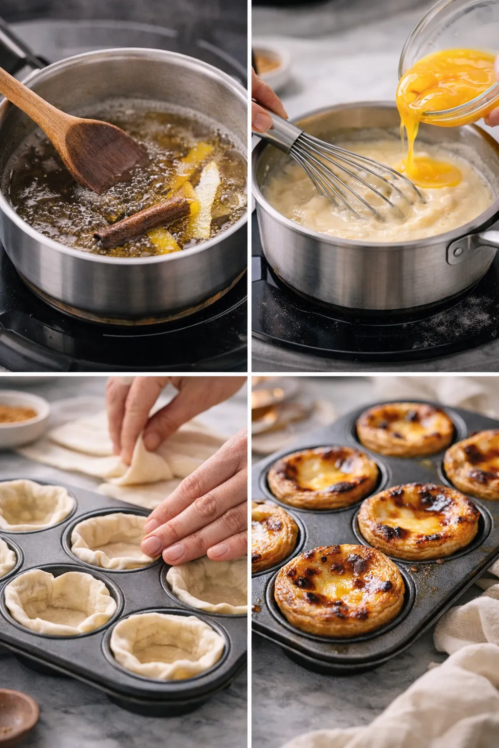 Step-by-step collage of making pastéis de nata from custard to baked tarts