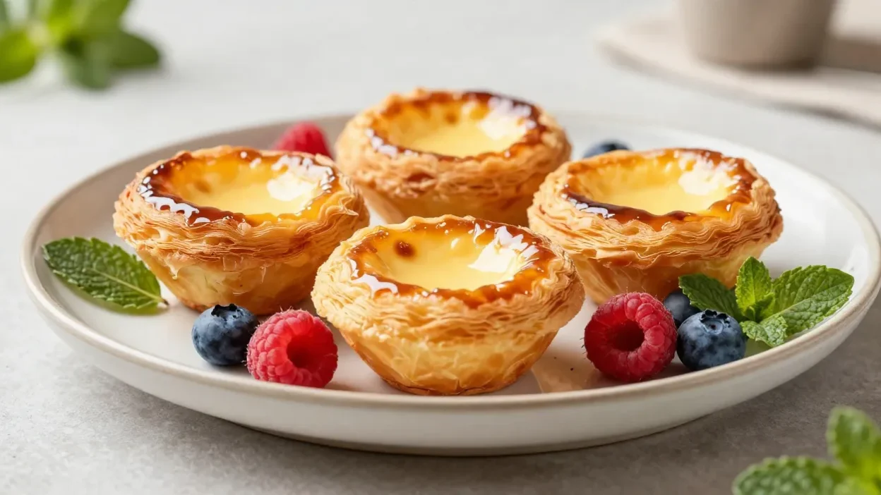 Pastéis de nata served with fresh berries and mint in a bright restaurant-style presentation