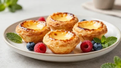 Pastéis de nata served with fresh berries and mint in a bright restaurant-style presentation
