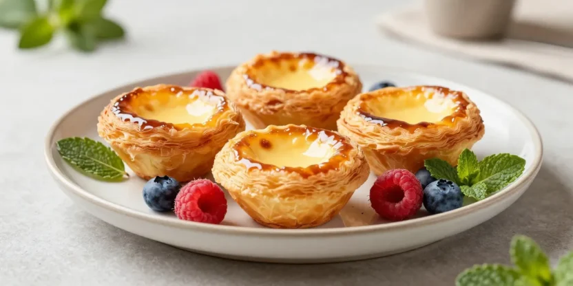 Pastéis de nata served with fresh berries and mint in a bright restaurant-style presentation