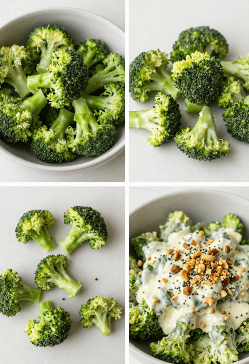 Collage showing chopped broccoli, dry texture, and finished creamy salad with crunchy toppings