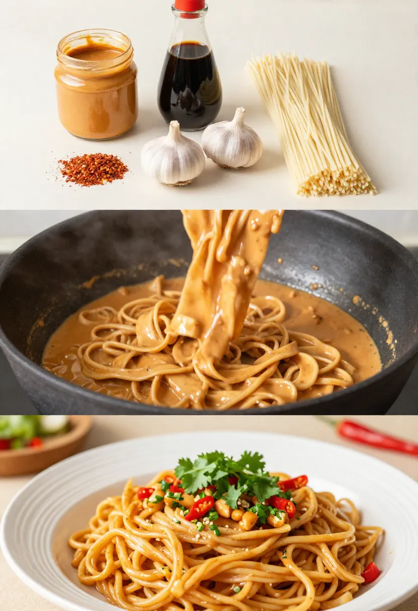 Collage of peanut butter noodles from ingredients to finished dish