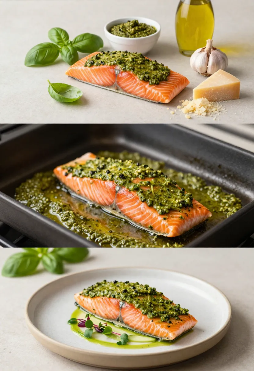 Pesto baked salmon with fresh green herb topping