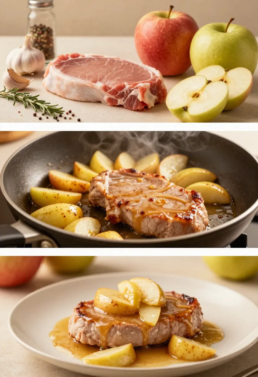Pork chops with apple pan sauce collage with ingredients, cooking process, and plated dish