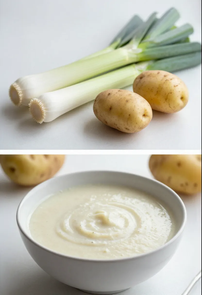 Potato leek soup with fresh leeks and potatoes in a clean collage.