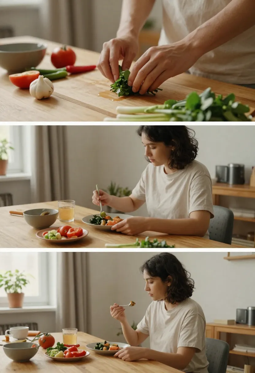 Collage showing cooking process and quiet meal moment