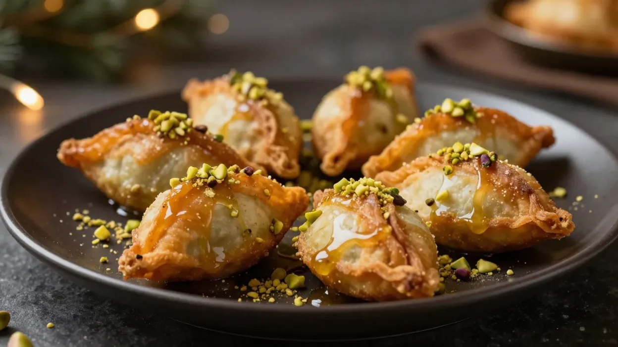 Crispy qatayef with syrup and pistachios on a dark plate