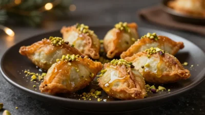 Crispy qatayef with syrup and pistachios on a dark plate