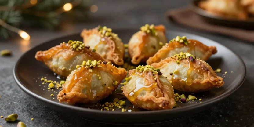 Crispy qatayef with syrup and pistachios on a dark plate