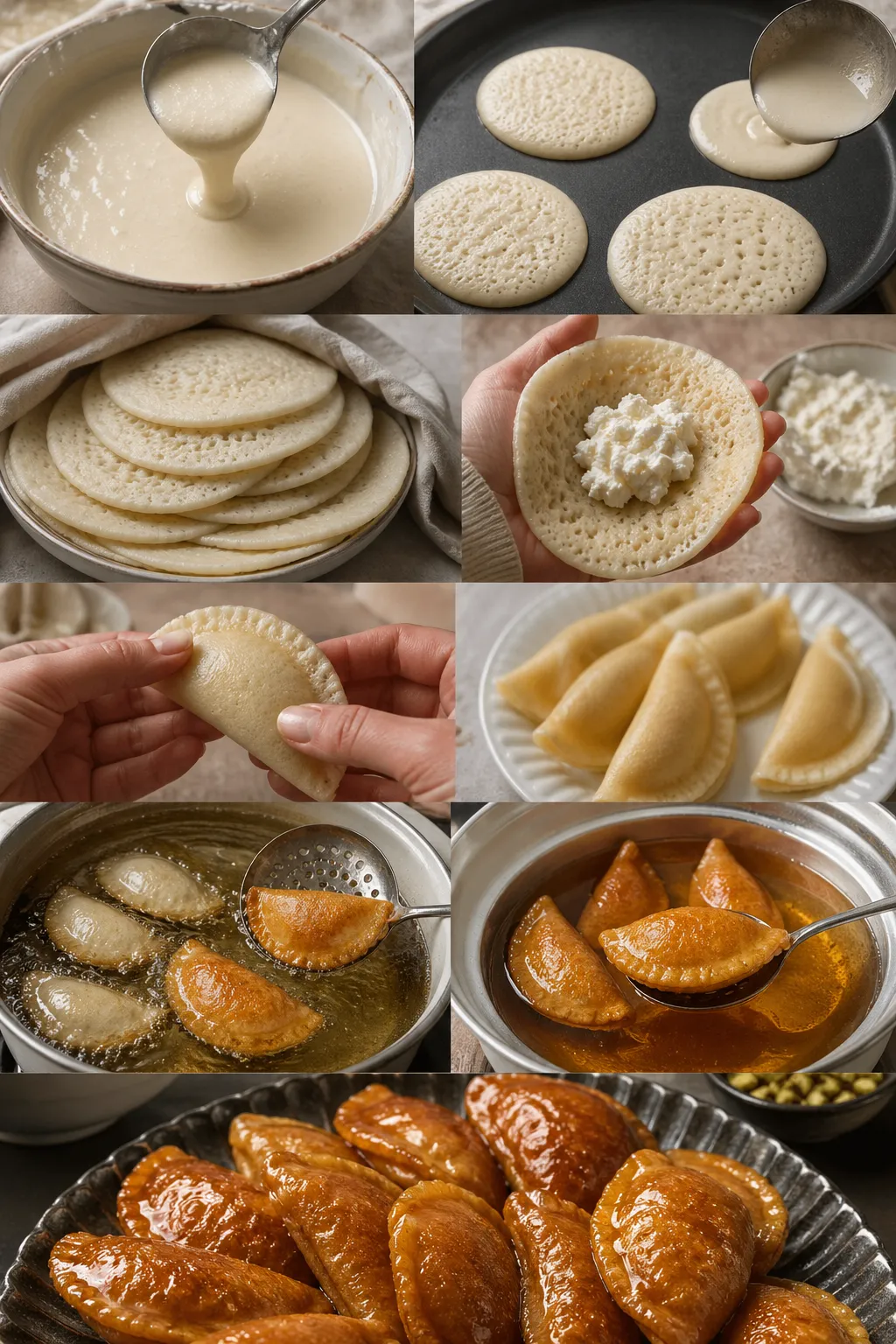 Step-by-step collage of making qatayef at home