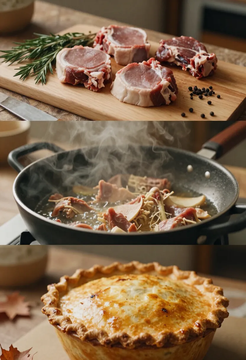 Collage showing slow cooking process from ingredients to finished game pie