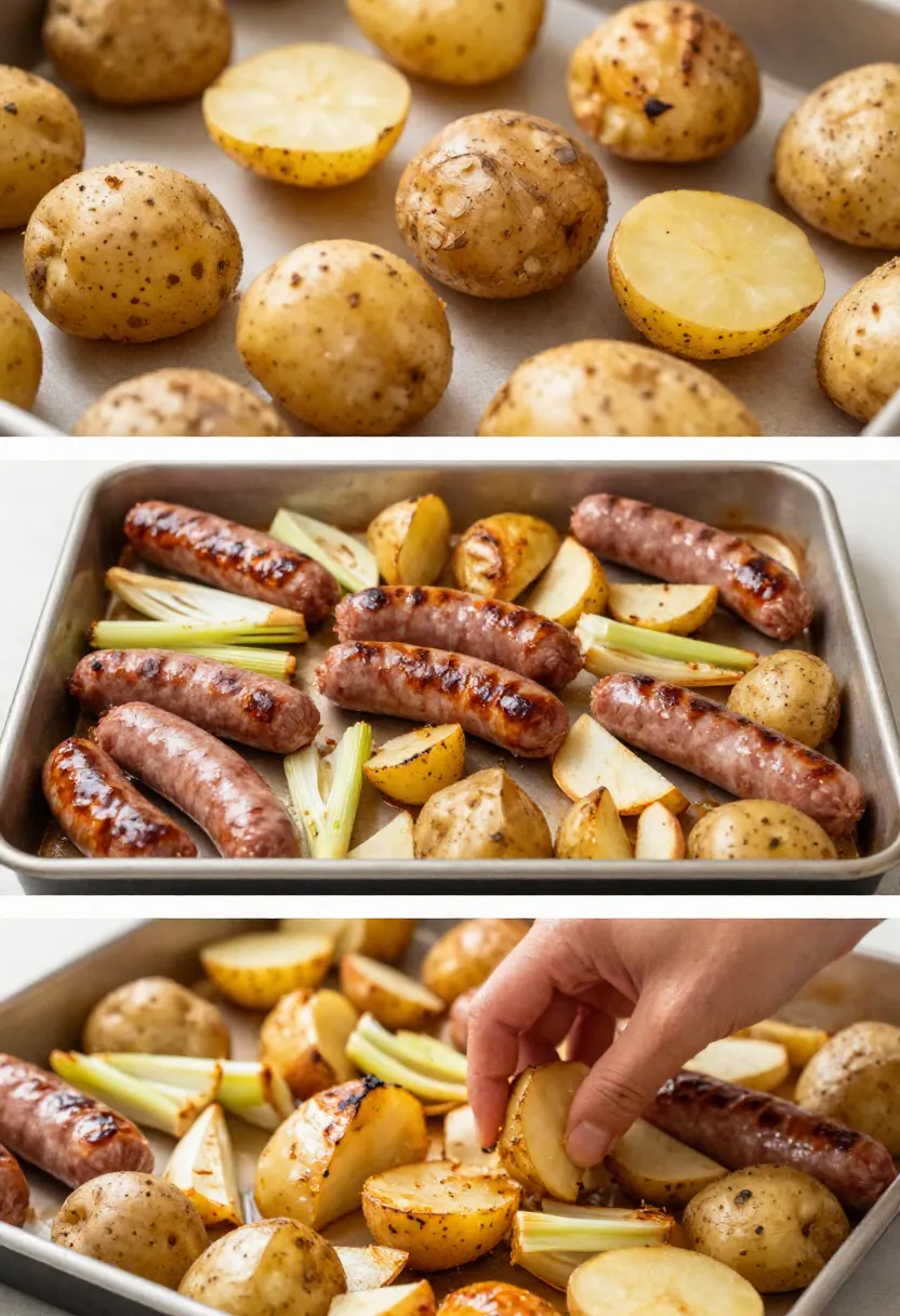 Three-step collage showing potato prep, tray spacing, and turning ingredients during roasting
