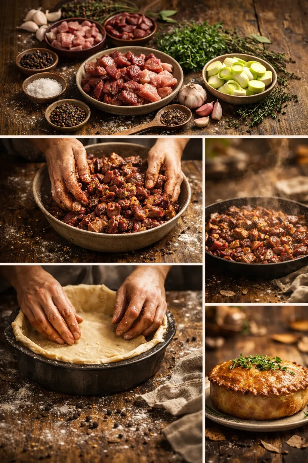 Step-by-step collage of making a rustic game pie from raw ingredients to baked dish