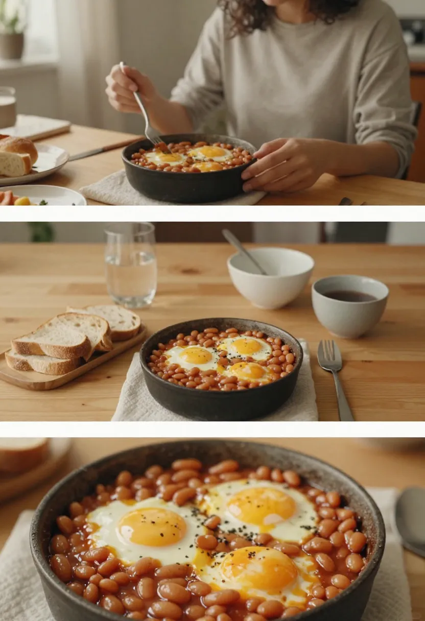Collage of baked beans with eggs served in cozy and shared meal settings