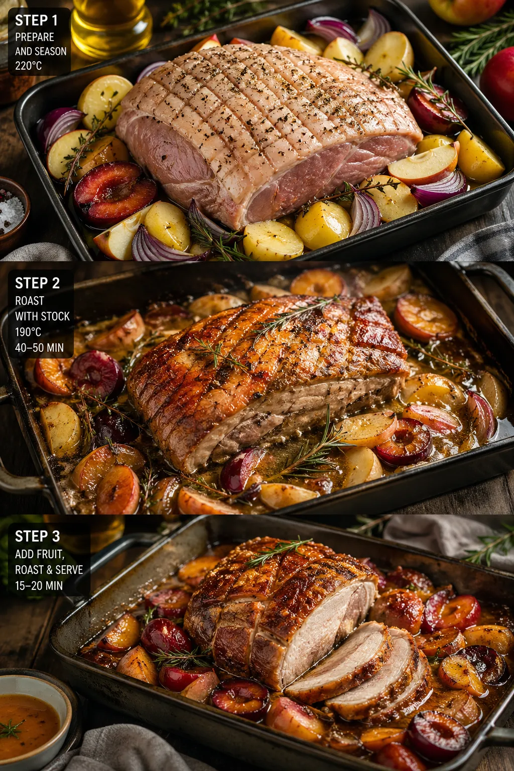 Step-by-step collage of roast pork with apples and plums preparation