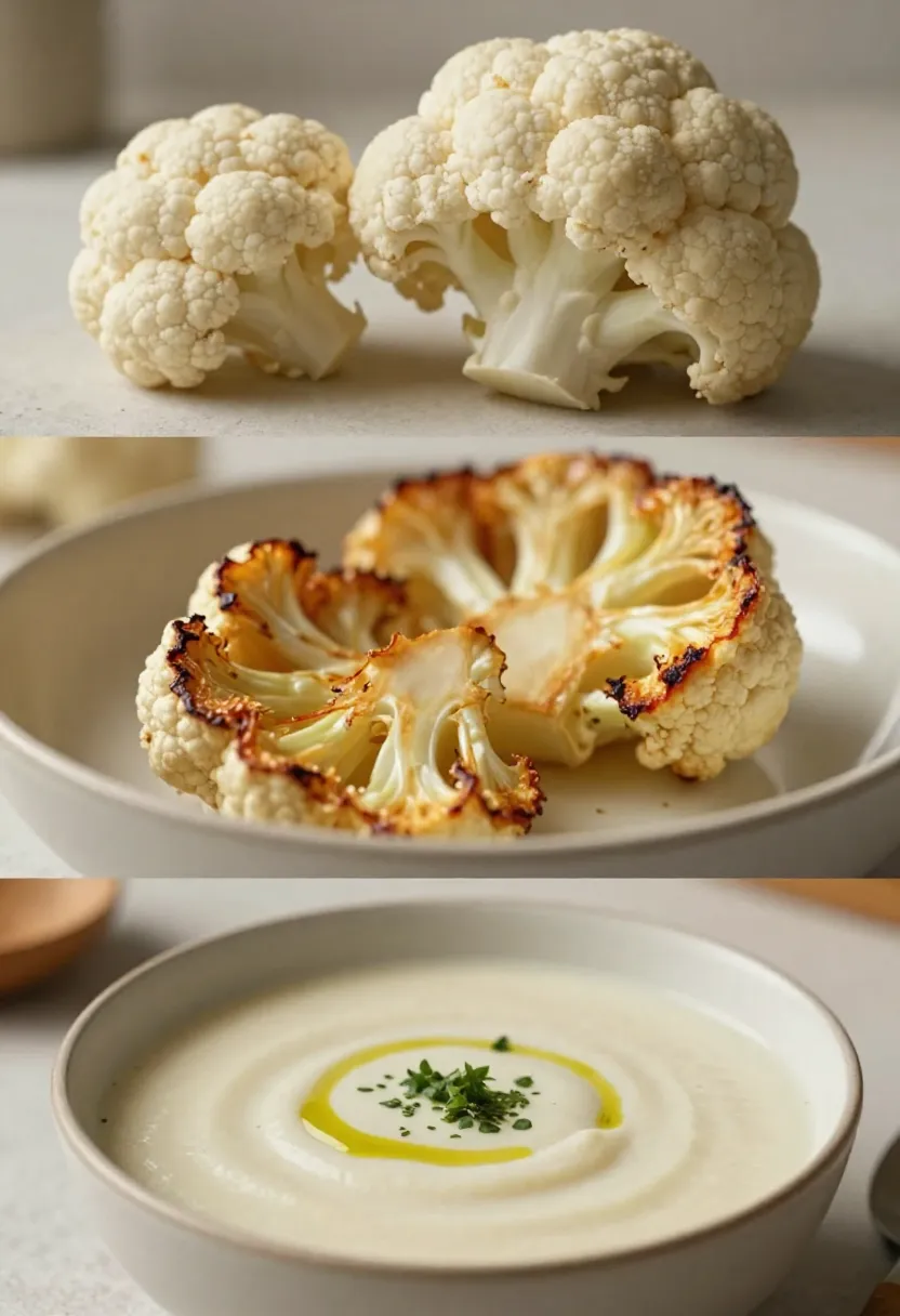 Roasted cauliflower soup with fresh and golden cauliflower in a soft collage.