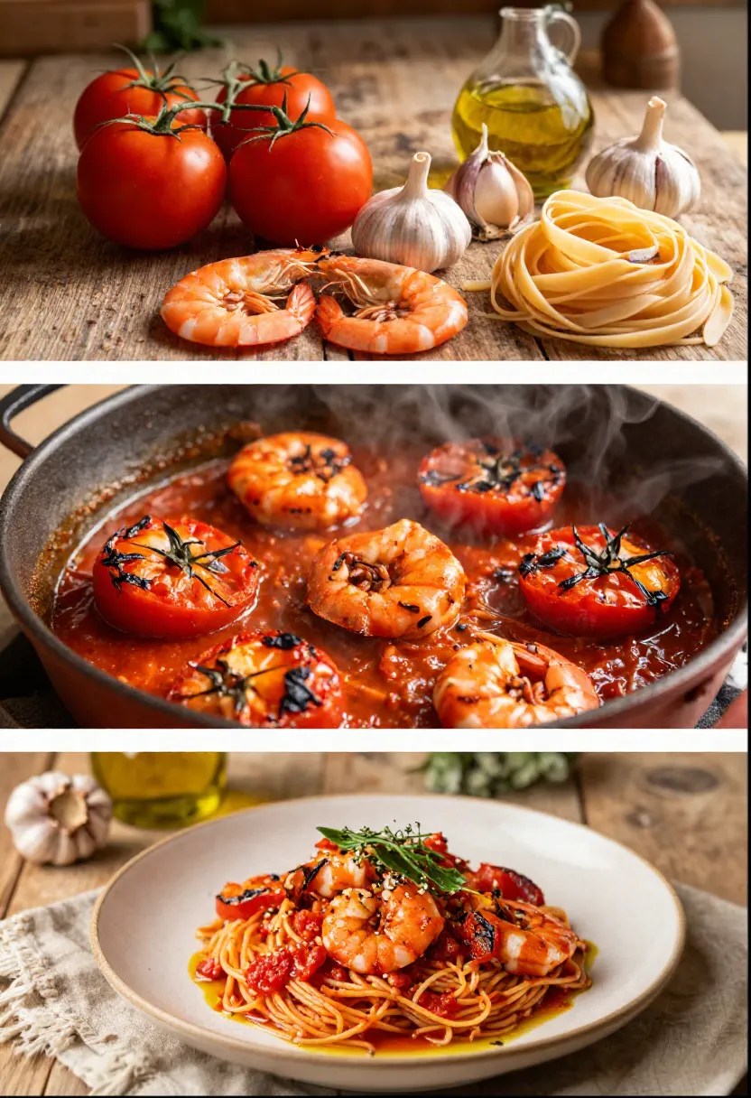 Roasted tomato shrimp pasta ingredients, cooking, and plated dish
