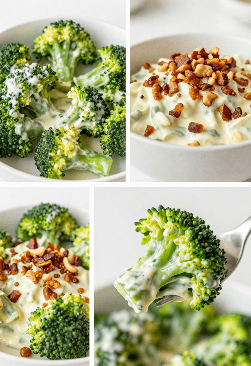 Collage of broccoli salad showing creamy dressing, crunchy toppings, and fresh texture in close-up views