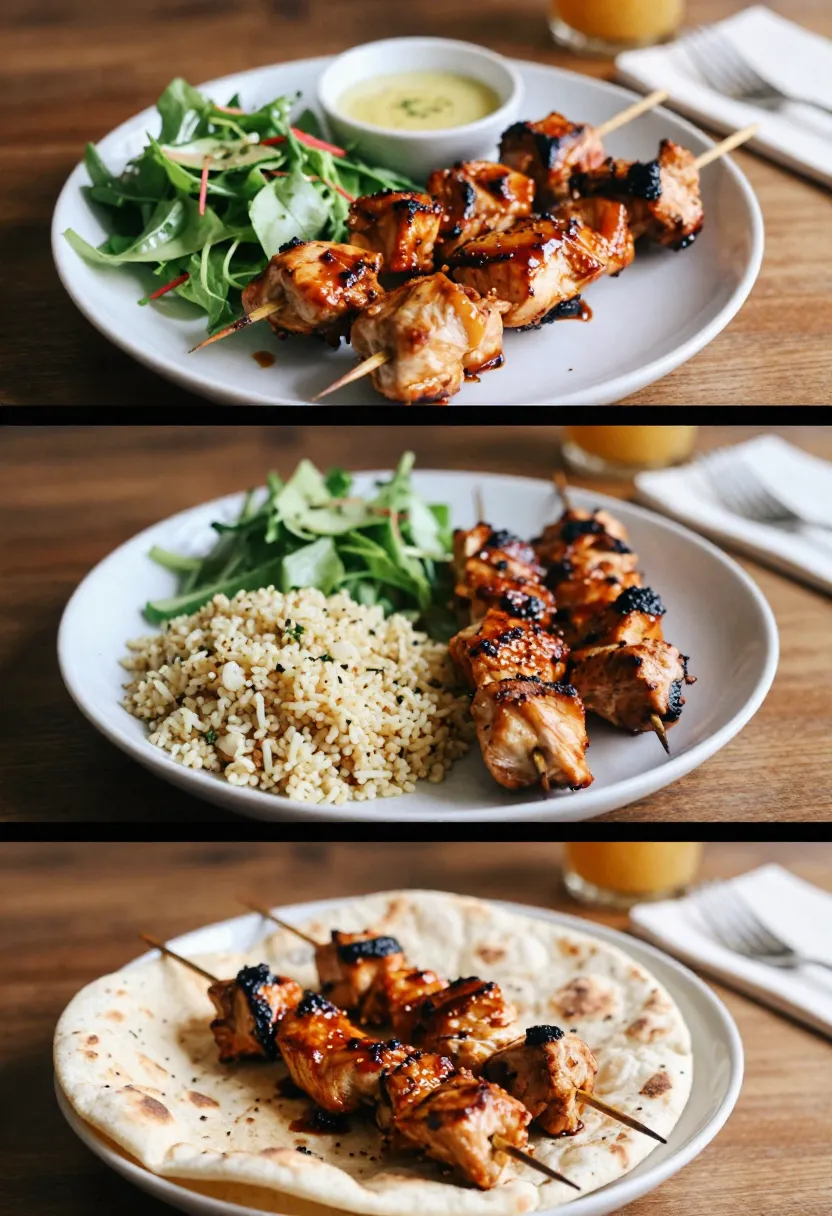 Three-frame collage of balsamic chicken skewers served with salad, rice, and flatbread.