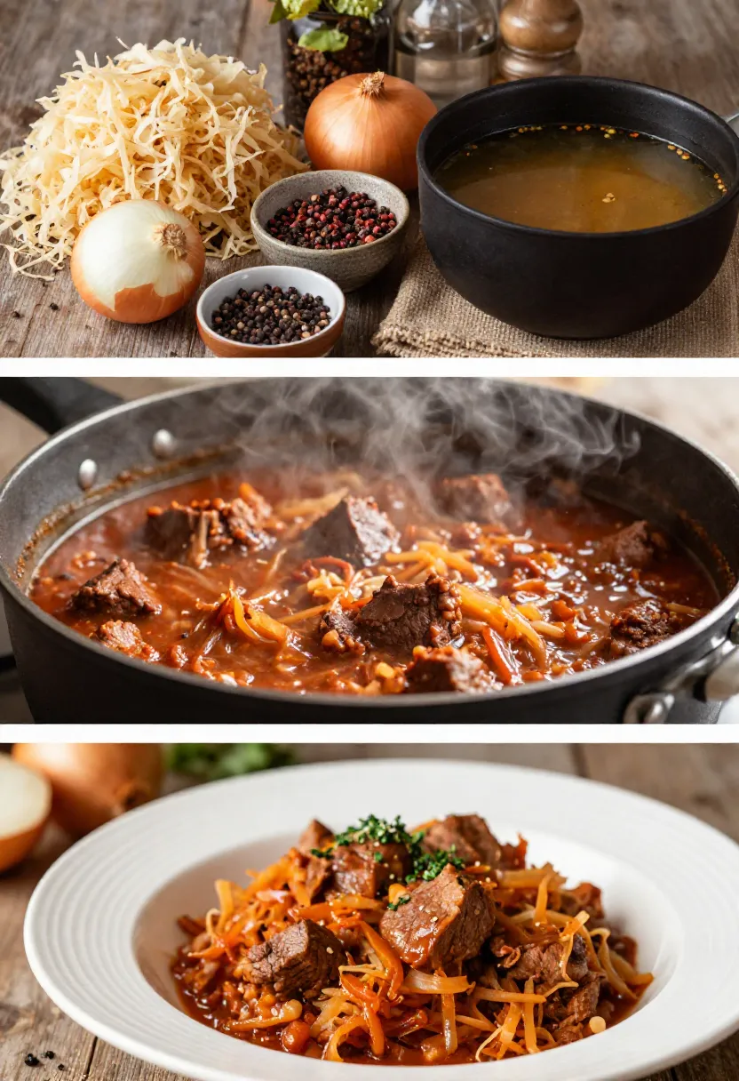 Collage of sauerkraut goulash from ingredients to plated dish