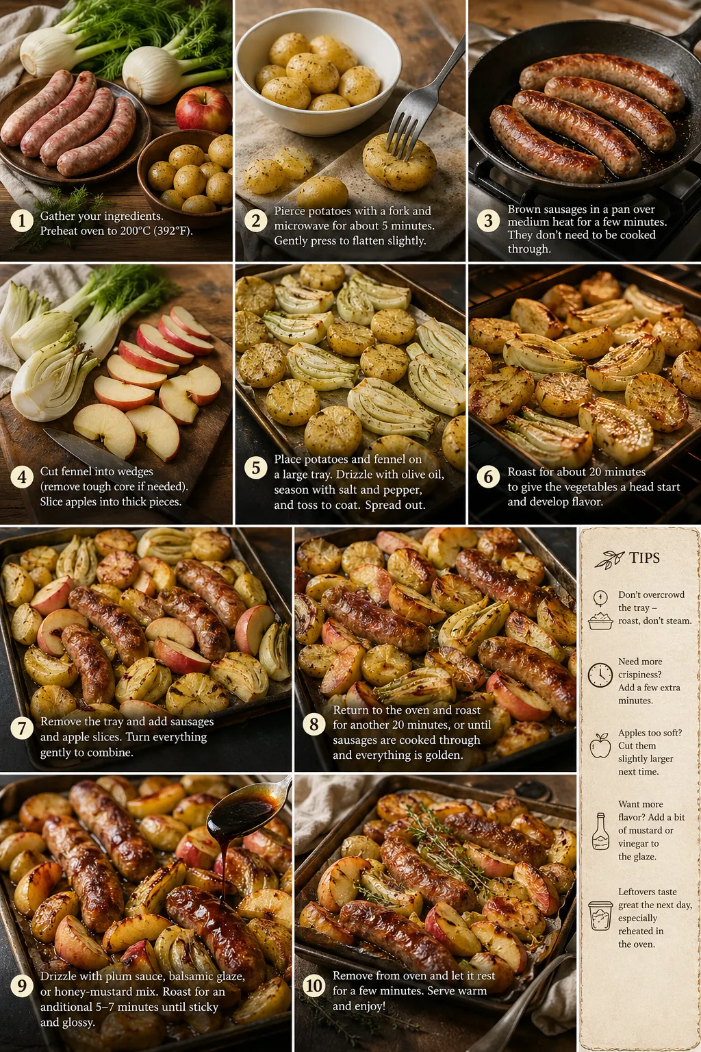 Step-by-step collage of sausage, fennel and apple tray bake preparation and cooking process
