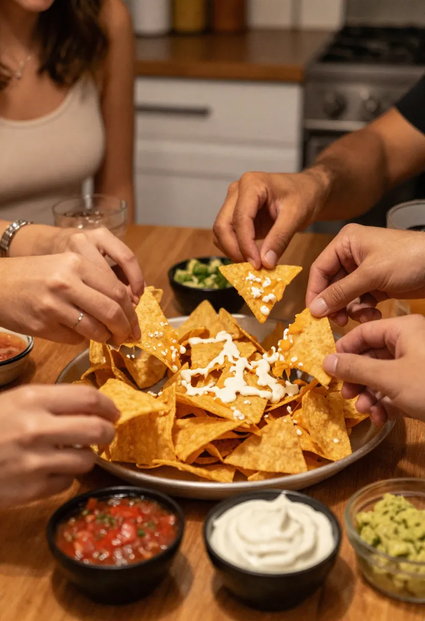 Nachos being shared with dips in a relaxed social setting