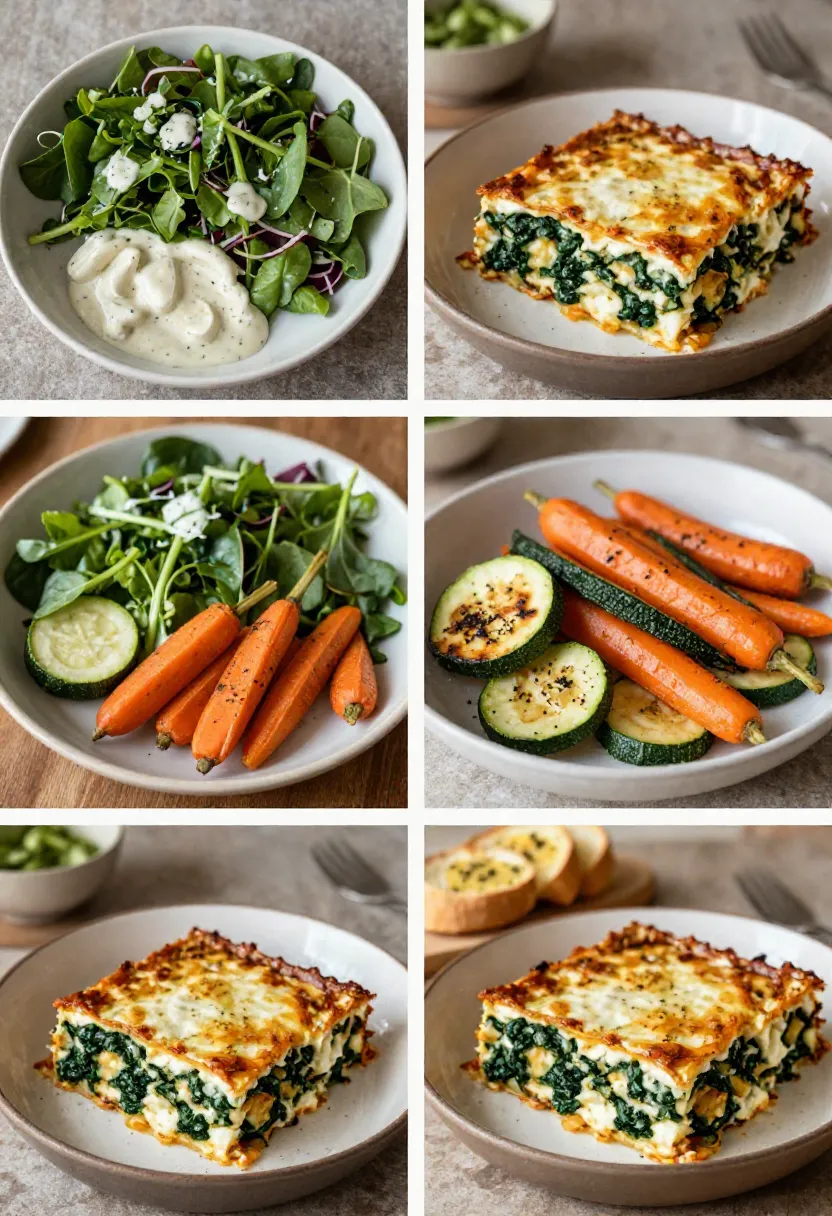Spinach ricotta lasagne served with salad, vegetables, and garlic bread