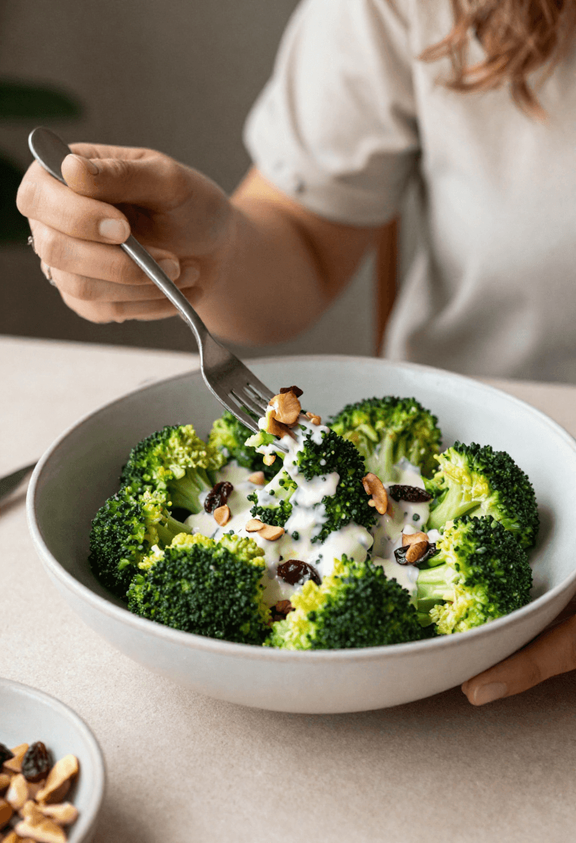 Person enjoying a fresh broccoli salad served in a bowl in a bright, cozy setting