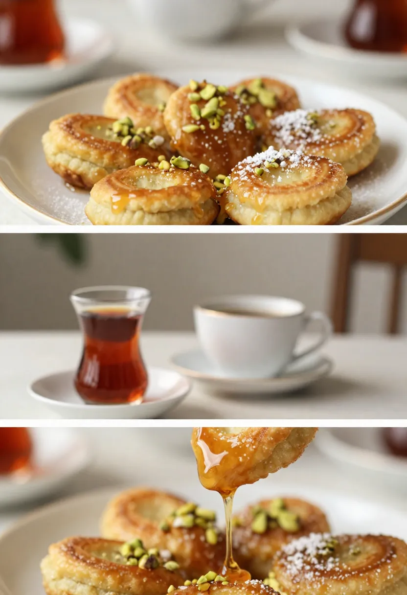 Qatayef served with tea in a warm, cozy setting
