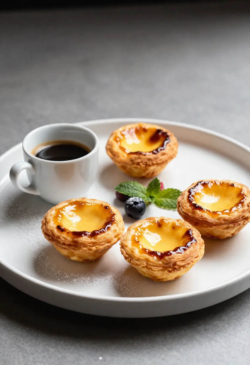 Pastéis de nata served with espresso in a simple, elegant setting