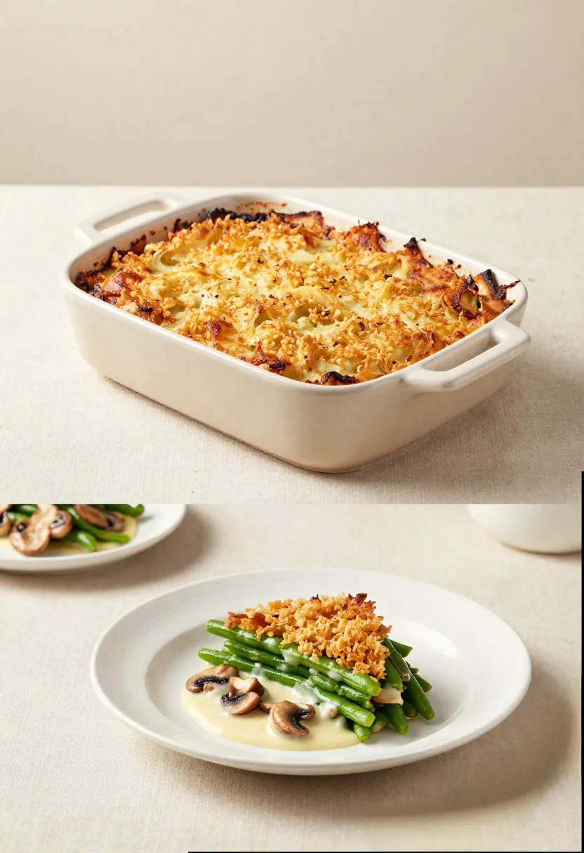 Elegant green bean casserole with mushrooms and creamy sauce, restaurant style