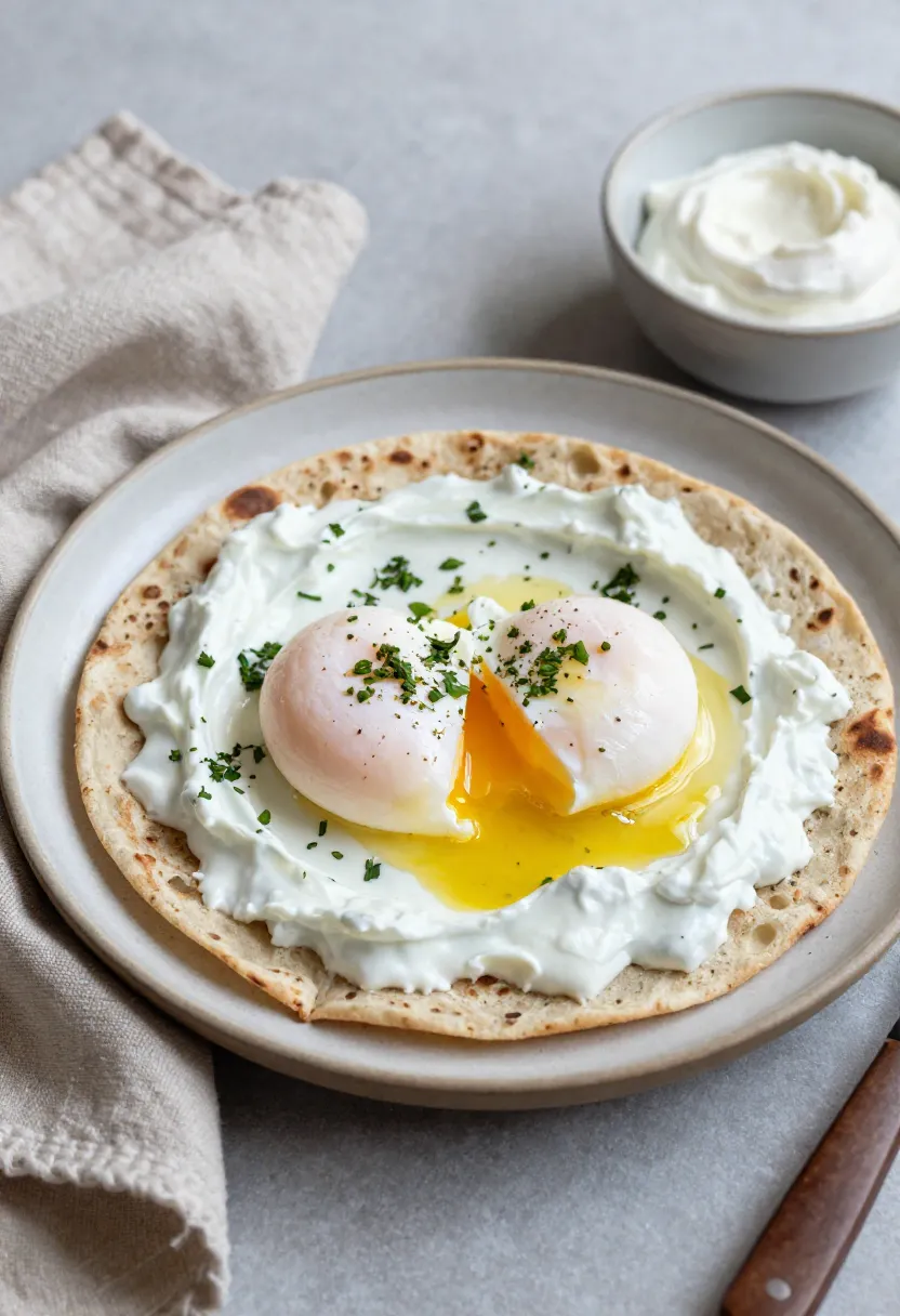 Flatbread with poached eggs served casually with herbs and yogurt