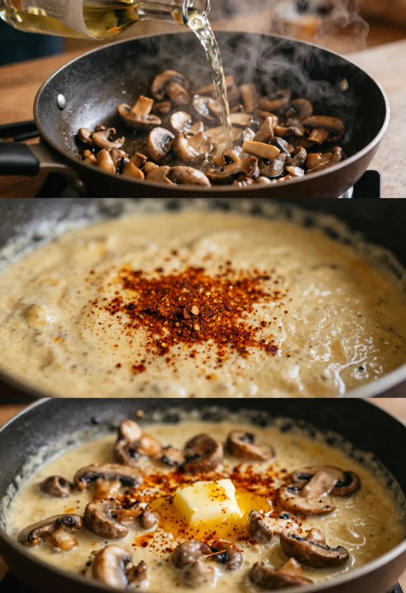 Collage showing flavor tweaks in mushroom stroganoff cooking