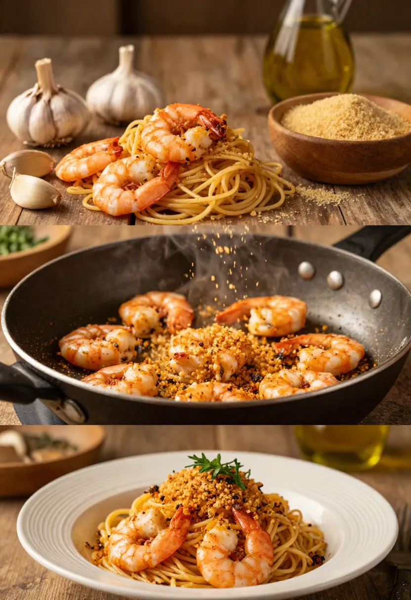 Shrimp pasta with crispy breadcrumbs ingredients, cooking, and plated dish
