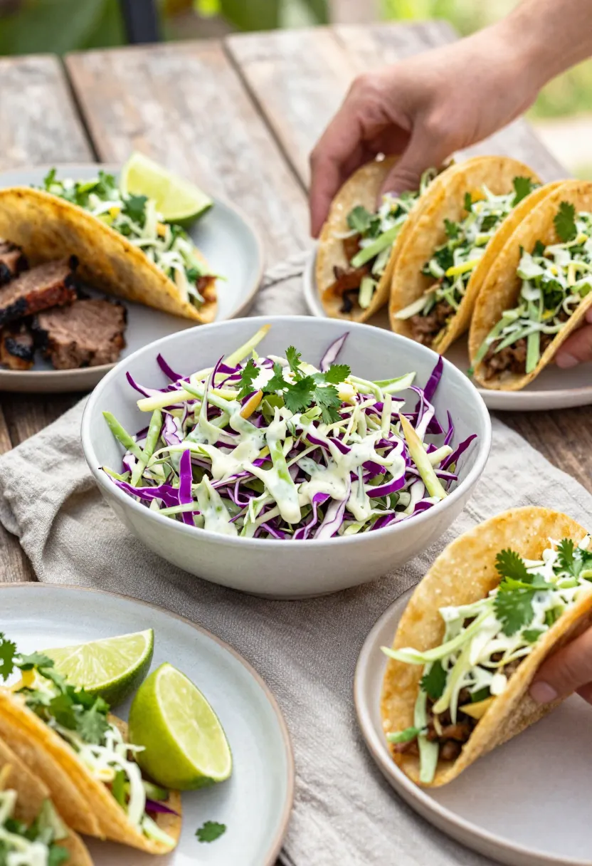 Cilantro lime coleslaw served with tacos, sandwich and grilled food outdoors