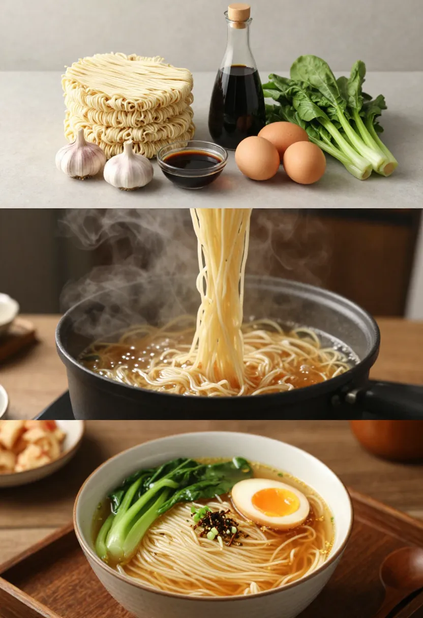 Collage of homemade ramen from ingredients to finished bowl