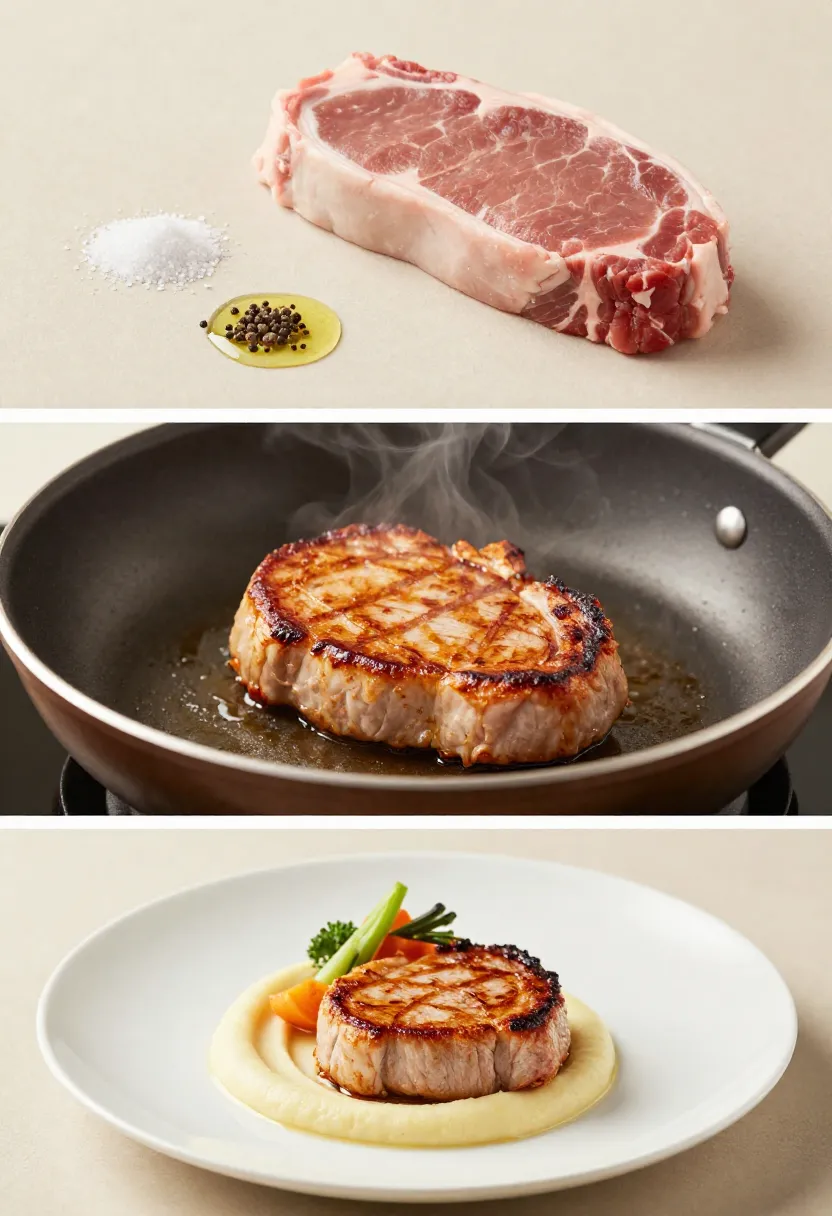 Pan-seared pork chop collage with simple ingredients, cooking process, and plated dish with puree, vegetables, and sauce